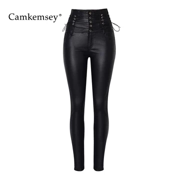 

CamKemsey Black PU Leather Pants Women 2018 Sexy Lace Up High Waist Buttons Stretch Skinny Pencil Pants & Capris Female Trousers