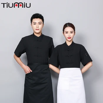 

Chef Jacket Chinese Work Clothing Hotel Restaurant Party Waiter Waitress Food Service Cafe Tea Silk Cotton Short Sleeve Uniform