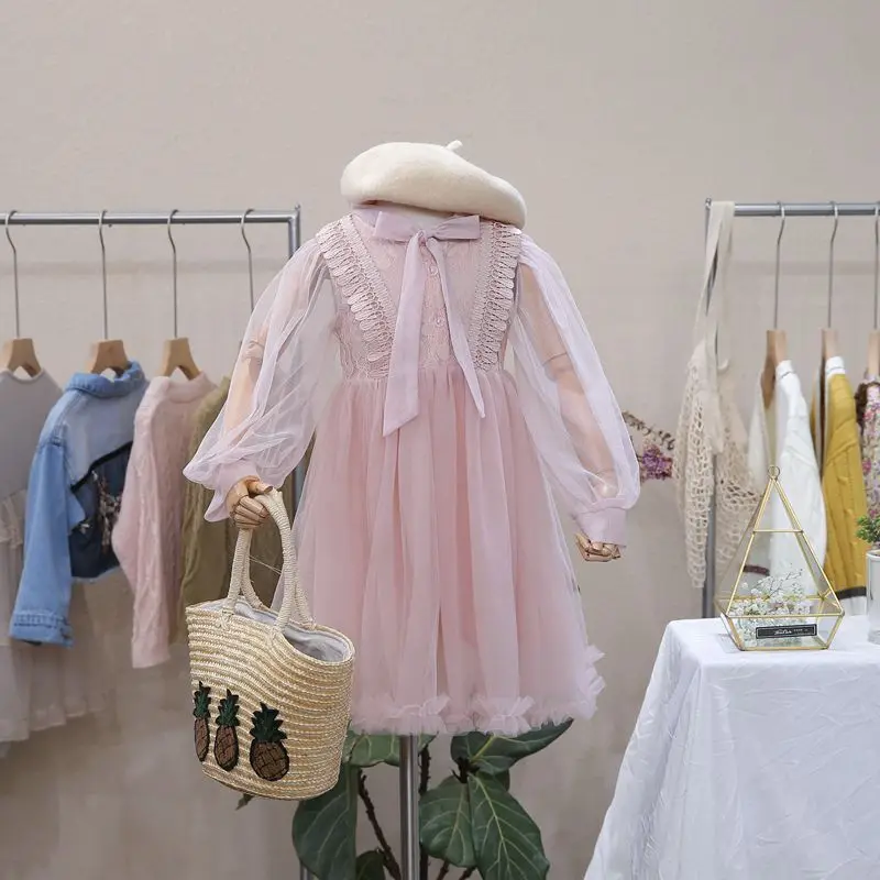 

Girls dress 2019 spring new Korean version of the female baby Western bow lace princess dress puff dress