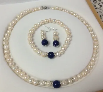 

Hot new Fashion 8-9mm White Pearl Lapis Beads Necklace Bracelet Earring Set Jewelry Sets 18" hp014