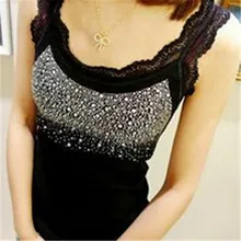 Новинка, весенне-летняя майка, стразы, блестки, кружева, Прошитые женские майки, топы, базовый топ на тонких бретельках, Camisole Cami, белый, черный