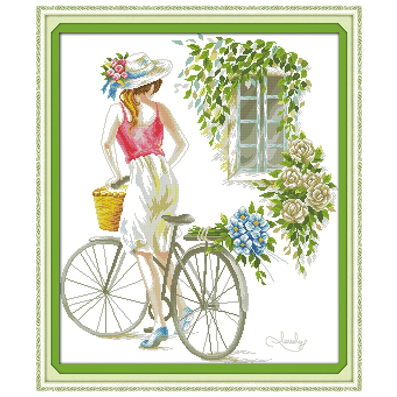 Bicycle Girl Patterns Counted Cross Stitch 11CT 14CT Cross Stitch Sets Wholesale Chinese Cross