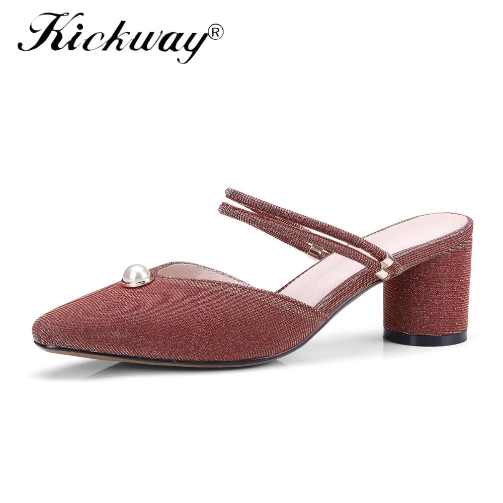 Kickway Women Sexy Med Heel Mules Clogs Black Pointed Toe Mules Ladies Leather Slippers Female Two Wearing Way Sandals Shoes women sexy high heel mules clogs pointed toe platform ladies leather sole slippers female slip on sandal shoes