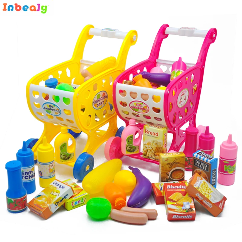 

Inbeajy Simulation Supermarket Shopping Cart Mini trolleys with Fruit Vegetable Food Children Pretend Play Educational Toys Gift