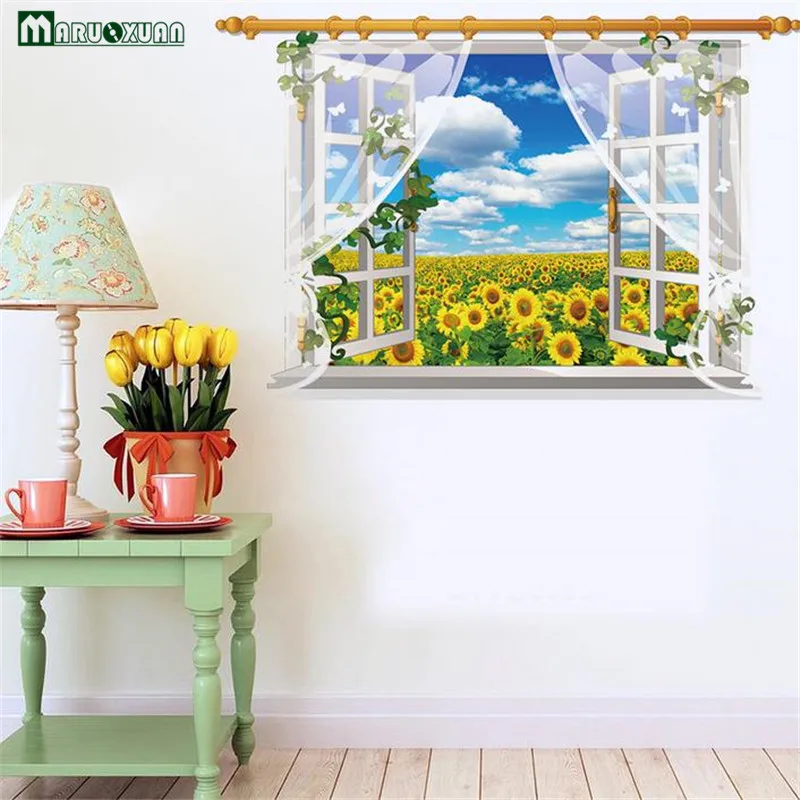 New Landscape Fake Windows Stickers To Blue Sunflower Wall Stickers