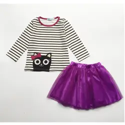 Новая модная одежда для девочек милый кот для девочек 2 предмета Комплект Костюмы комплекты для маленьких девочек
