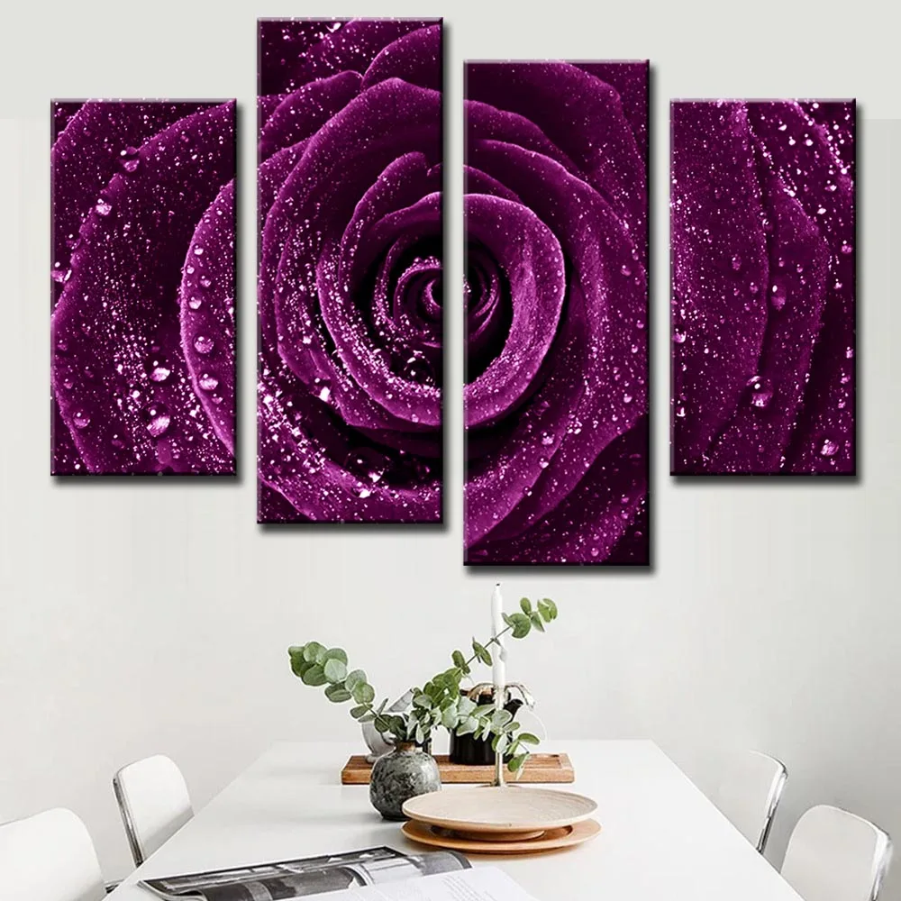 4 Pcs/Set Combined Flower Paintings Purple Rose Wall Pictures for Living Room Modern Home Decor Canvas Art Poster Unframed | Дом и сад