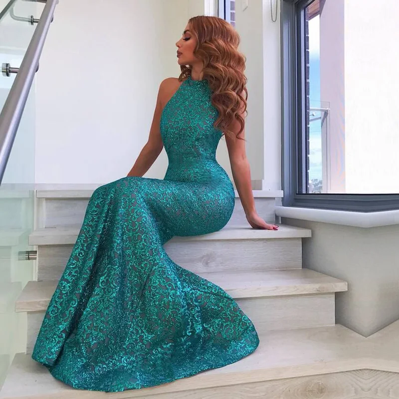 2018 New Arrival Elegant Sleeveless Green Maxi Dress Fashion High Neck Bodycon Sequin Celebrity Evening Party Dresses Vestidos
