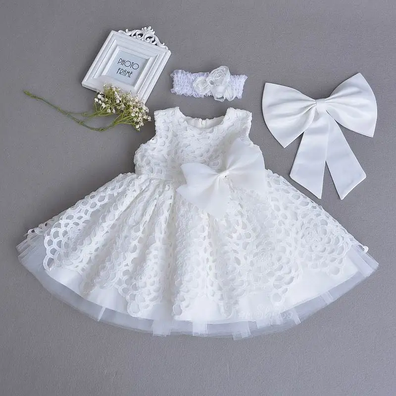 

Baby Girl Christening Gown Lace White Sleeveless First Birthday Day Party Dress Headband Kids Clothing 0-2Y E70106