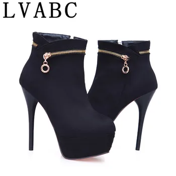 

2018 new women boots black red ladies autumn winter boots flock zipper platform super high ankle boots Wedding Shoes Size 31-43