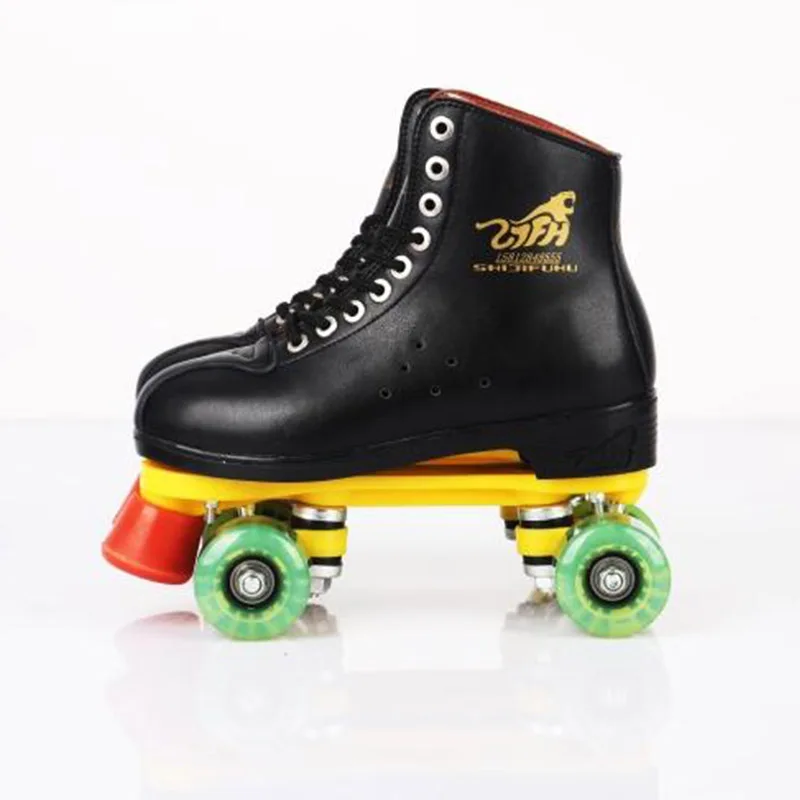 زلاجات دوارة جلد طبيعي أسود مع الأخضر Led الإضاءة عجلات مزدوجة خط Patines الكبار 4 عجلات اثنين خط أحذية التزلج