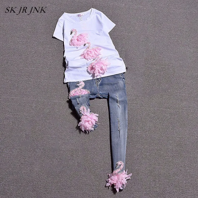 

Summer Women's Suits Tops And Pants Outfits Fashion Casual Goose Feather Embroidery T-shirts Denim Jean Pants 2 Piece Sets SR319