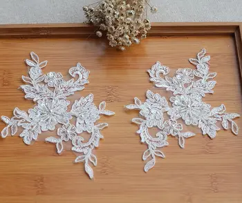 

Ivory Alencon Lace Applique Beaded Sequined Patch For Wedding Supplies Bridal Hair Flower Headpiece 1 pair
