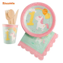 Riscawin Unicorn Paper Plates 1st Birthday Party Decoration For 8 Packs Disposable Cups Tableware Set Baby Shower Kids Supplies