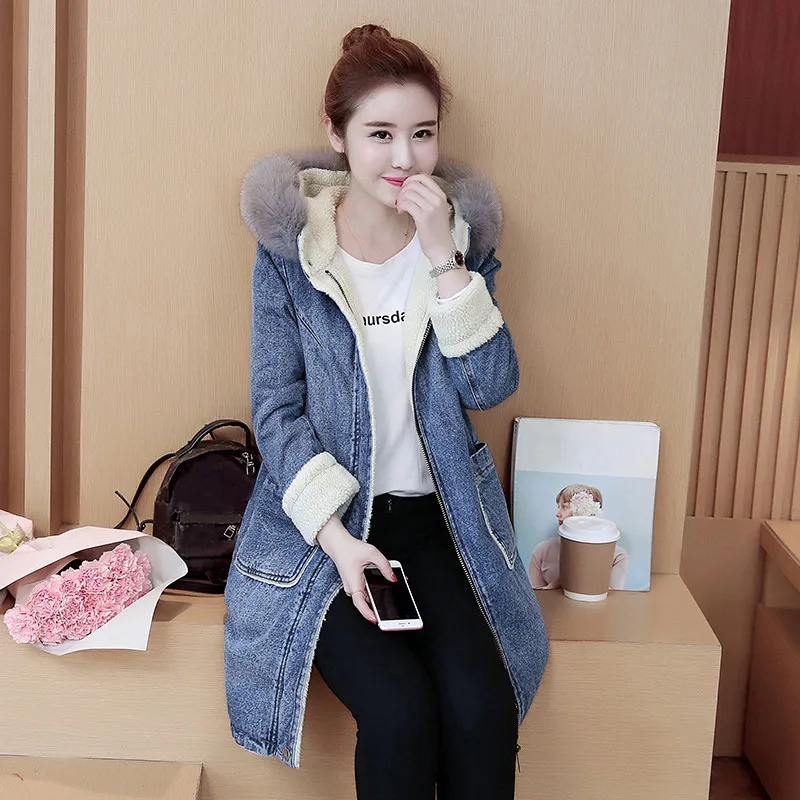 Denim Hooded Jeans Women's Parka Jacket Winter Fur Collar Velvet Liner Medium-Long Women Parkas Coat 2018 Casual Overcoat Female