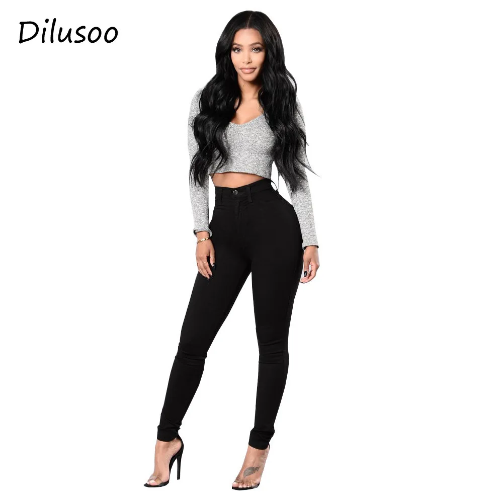 

Dilusoo Women High Waist Denim Jeans pants Elastic Pencil Pants Pack Hip Denim Jeans 4 Season Women Casual High Street Trousers