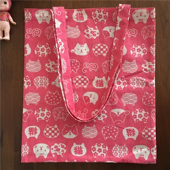 

YILE Cotton Linen Eco Shopping Tote Shoulder Bag Cat Head Pink Bottom 605-3