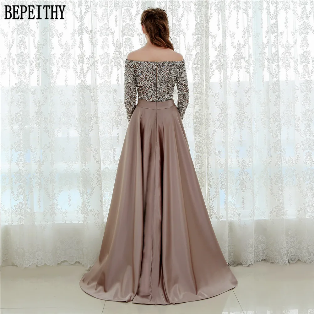BEPEITHY Robe De Soiree Off The Shoulder Three Quarter Sleeve Bead 2019 Vestido Longo Evening Dress Long