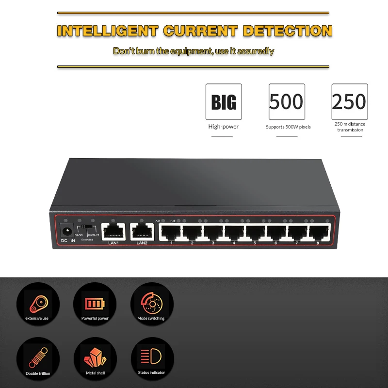 10 портов 8 PoE выключатель инъектор 48 В мощность по Ethernet сетевой коммутатор 802 3 af/at