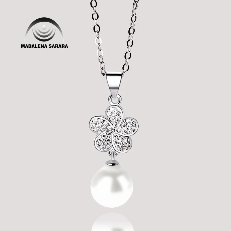 

MADALENA SARARA Flower Style AAAA Cubic Zirconia AAA 8mm Freshwater Pearl S925 Plated pendant chain Necklace Jewelry Set