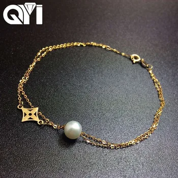 

QYI 18K Yellow Gold Natural Cultured Freshwater Pearl Trendy Chain Bracelets Round White Pearl Women Party Jewelry