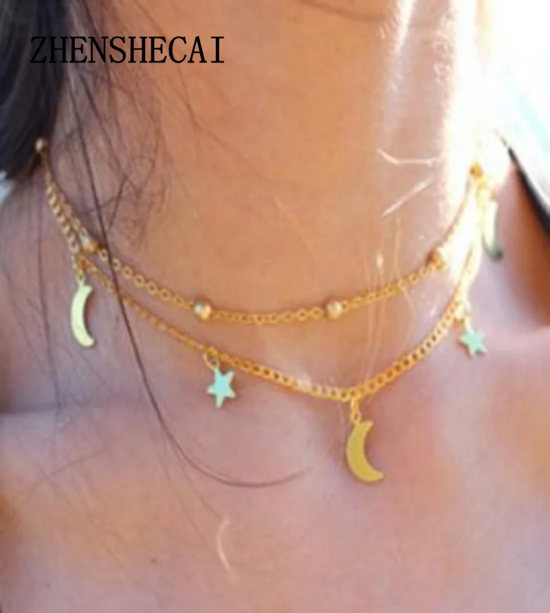 

Gothic Boho Peace Moon Lucky Short Chain Necklace for Women Pendant Jewelry Clavicle Collier Bijoux Collar X7