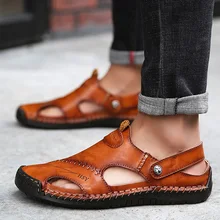 Большой размер 45-48 мужские сандалии кожаные туфли-танкетки на каблуке без застежки пляжная обувь для Для мужчин швейная вождения мужские сандалии модные Прямая с фабрики
