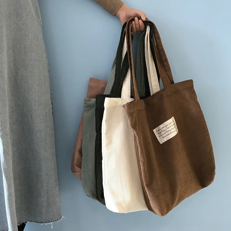 Vintage Solid Color Corduroy Eco Shopping Tote Shoulder Bag Magnetic ...