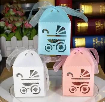 

100 pcs Lovely Laser Babyshower Baby 1st Birthday Wedding Favors Party Supplies Carriage Style Candy Boxes Chocolate Gift Box