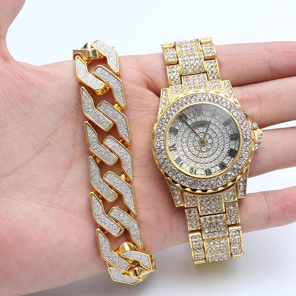 

2Set Men Bling Iced Out Paved Lab CZ Crystal Watch + Glitter Geometric Miami Curb Cuban Bracelet Hip Hop Jewelry Gift
