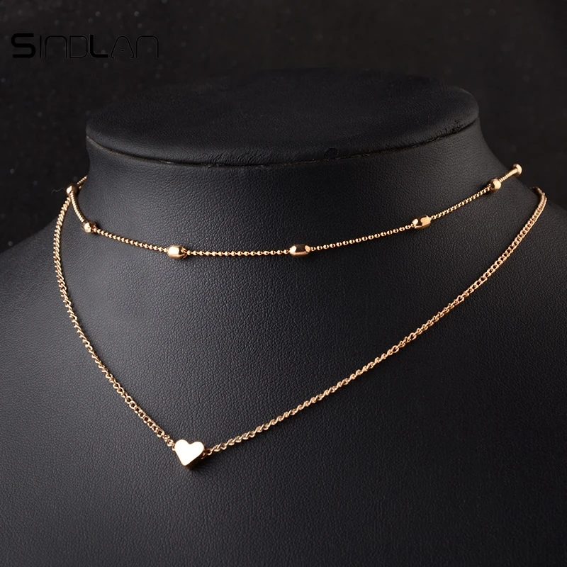 

Sindlan Necklace New Charm Boho Gold Silver Bead Chain Simple Peach Pendant Heart Multi-layer Clavicle Choker Necklace For Women