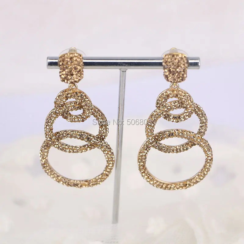 

3Pairs Polished Circle Gold Color with Crystal Rhinestones inlaid Drop Dangle Earrings