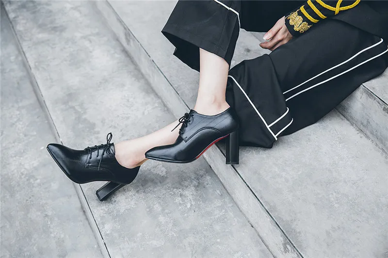 Meotina/туфли на высоком толстом каблуке женские туфли-Дерби на очень высоком каблуке со шнуровкой модные туфли-лодочки с острым носком женская обувь, размер 33-41
