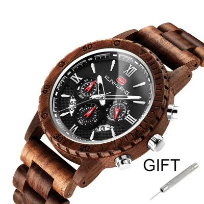 Fashion Wooden Men Watch Natural Zebra Wood Wristwatch with Date and Multiple Time Zone reloj hombre Men's Gift Watches W-K01 - Цвет: SK-03 Walnut wood