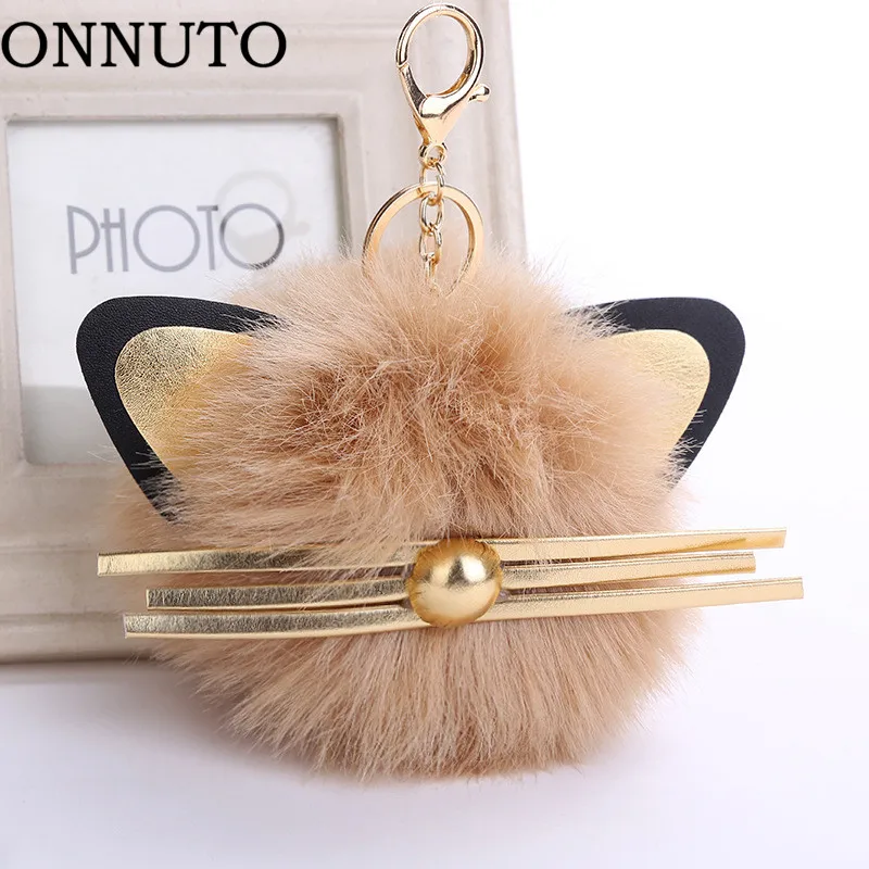 

Faux Fur Ball Cat Key Chains Cartoon Animal Pompom Keychain Women Bag Pendant Leather Plush Car Keyring Holder Jewelry Trinket