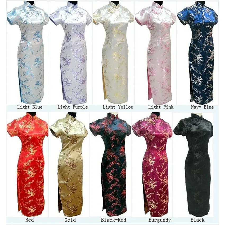 Black Chinese Traditional Dress Sexy Women Satin Qipao Long Cheongsam Flower Size S M L XL XXL XXXL 4XL 5XL 6XL LG04