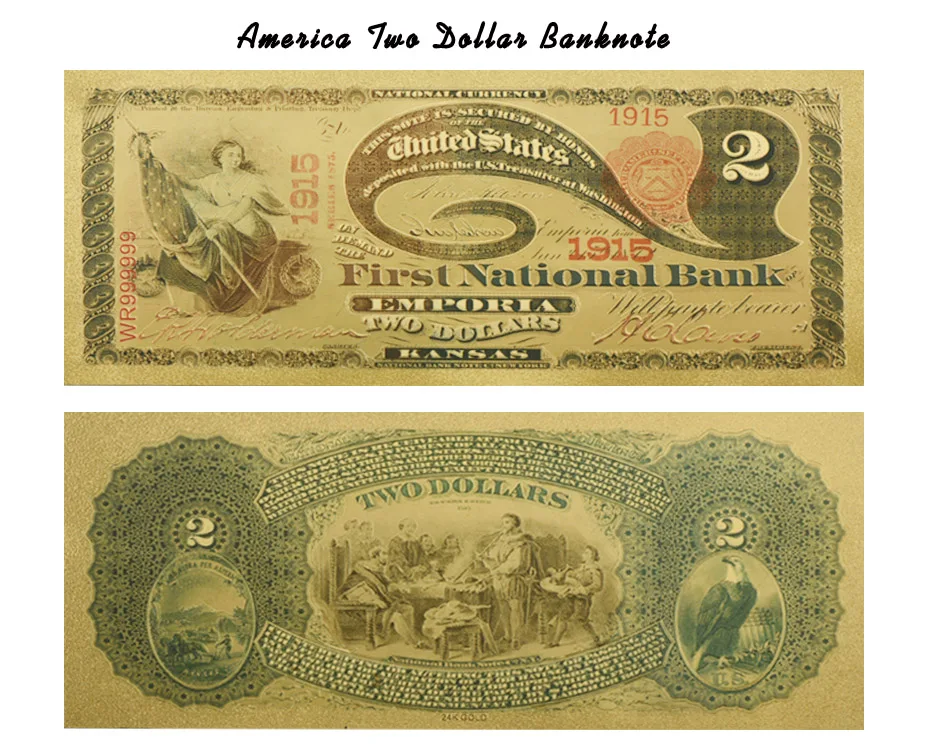 WR 1875 год 2 доллара 24 k золото банкнота дома декоративные американские красочные мировые купюры Металлические ремесла Искусство Орнамент для подарков