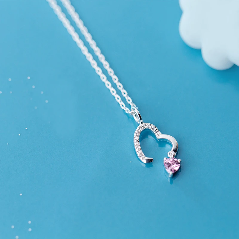 

MloveAcc Romantic 925 Sterling Silver Pink Love Heart Crystal Women Necklaces Pendant Sterling Silver Jewelry