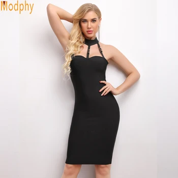 

woman dress 2018 spring summer sexy bodycon halter bandage dress stretch zippers evening party black dress drop shipping D090