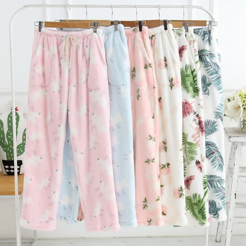 

New Flannel Pajama Pant Females Lovely Sleep Bottoms Winter Floral Homewear Pants Pijama Trousers Underwear Long Pants 6 Styles