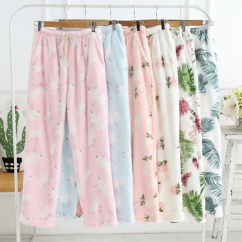 

New Flannel Pajama Pant Females Lovely Sleep Bottoms Winter Floral Homewear Pants Pijama Trousers Underwear Long Pants 6 Styles