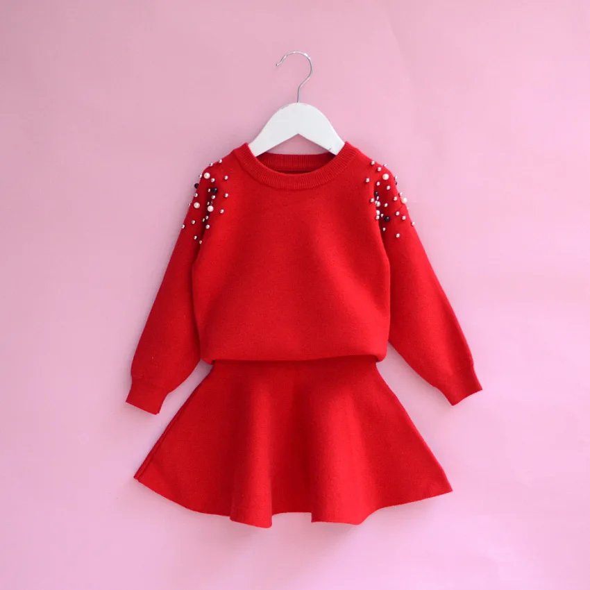 Комплект со свитером для маленьких девочек, детская рубашка и юбка, детский вязаный комплект, детский осенний костюм, комплект для малышей из 2 предметов, хлопковый комплект,#3518 - Цвет: red