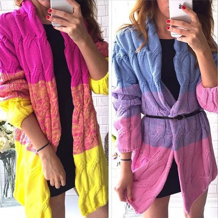 

Autumn Winter Women Gradient Color Sweater Long Sleeve Mid Length Cardigans Casual Loose Warm Sweater Ladies Coat