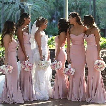 

Pink Long Mermaid Bridesmaid Dresses 2020 SweetheartBackless Sweep Train Simple Wedding Guest Dresses Maid Of Honor Gowns Cheap