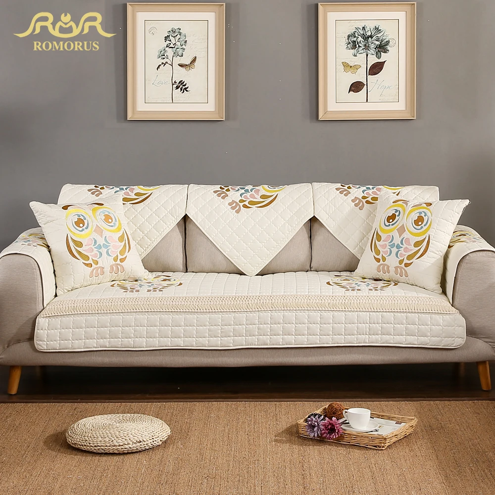 

ROMORUS Embroidered Owls Sofa Cover Soft Non-slip Quilted Corner Sectional Slipcover Modern Sofa Covers for Living Room Office