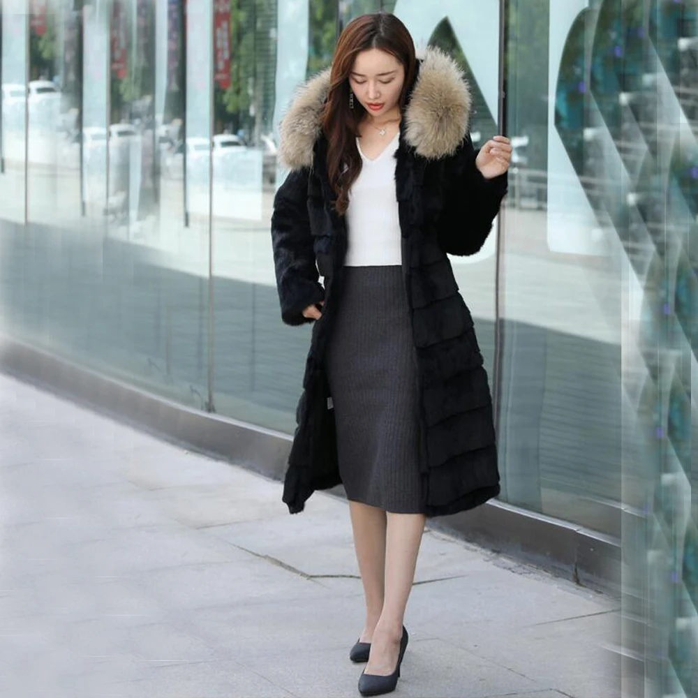 

Luxury Big Hood Fur Outwear Super Long Sheared Real Rabbit Fur Coat with hoodies and natural raccoon fur collar female tbsr342