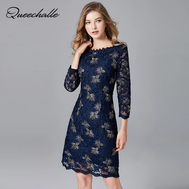 

Queechalle Autumn dress Women plus size floral embroidery elegant lace dress blue hollow out bodycon dress party evening vestido