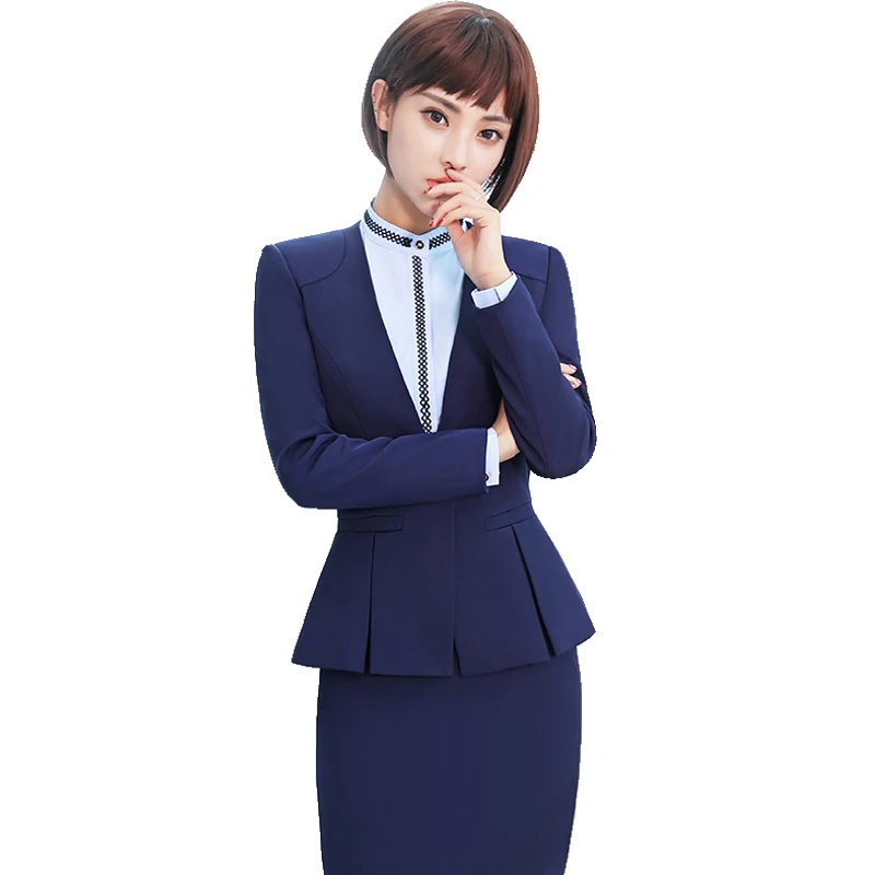 Femmes bleu à manches longues Blazer ensemble deux pièces costumes