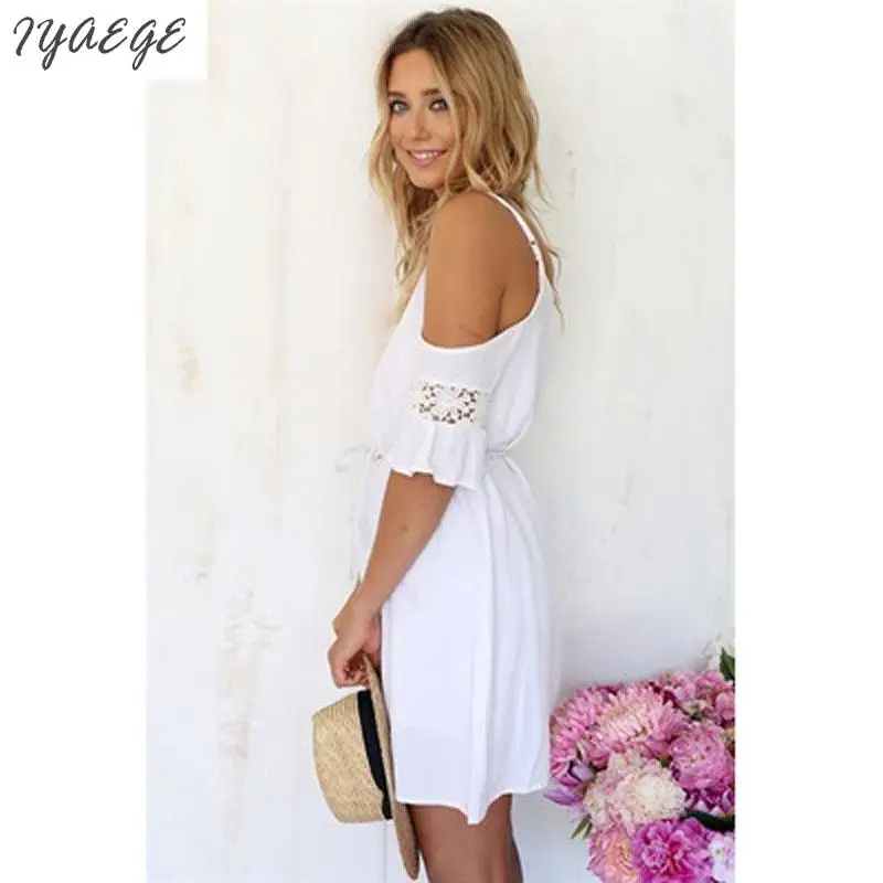 Полое укороченное Мини белое платье цветочное пляжное из шифона женский сарафан