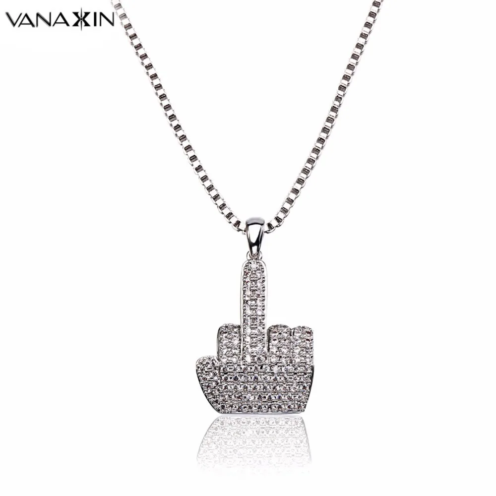 

VANAXIN Hip Hop Men Gold/Silver Color Full CZ Rhinestone Middle Finger Pendant Necklaces with 30 inch Box Chain Jewelry For Male